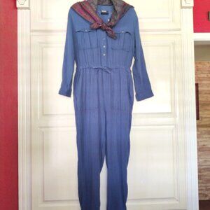 Madewell Crinkled Gauze Long Sleeve Jumpsuit in Blue, SZ Med/Large + Scarf, EUC